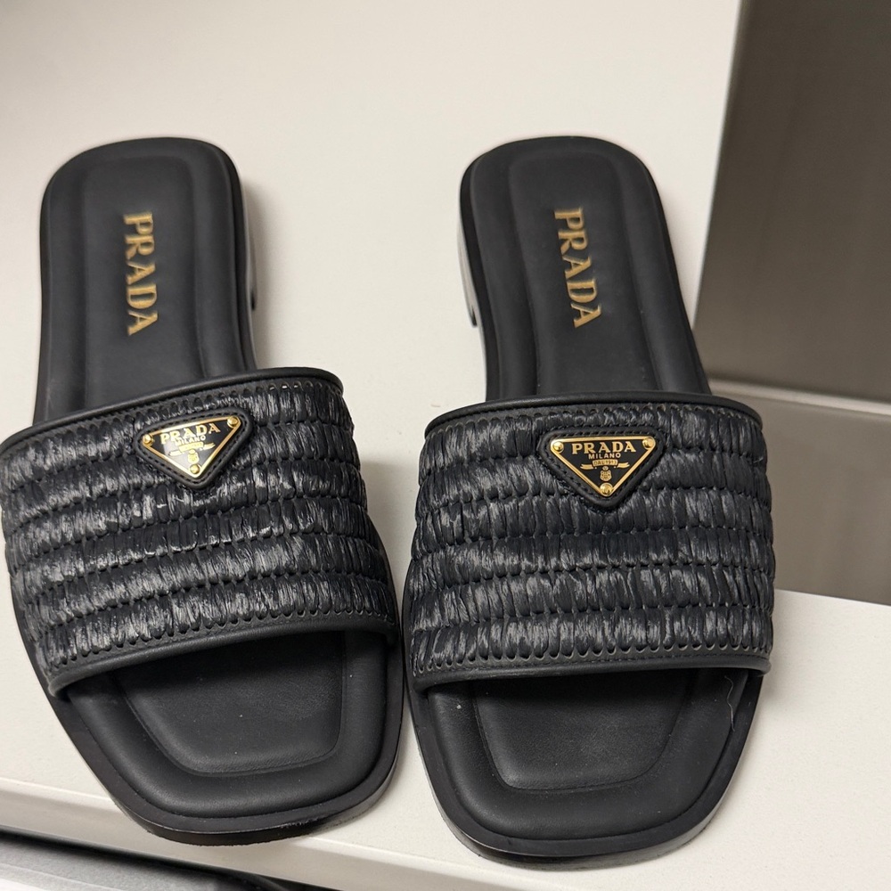 Prada Black Quilted Slide Sandals with Gold Triangle Logos